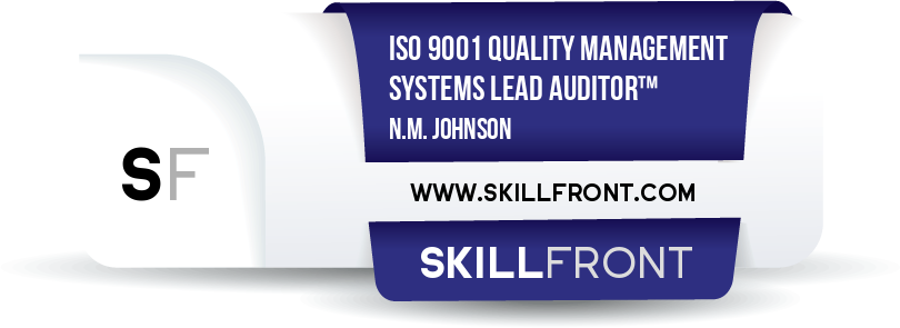 SkillFront ISO 9001 Quality Management Systems Lead Auditor™ Certification Shareable and Verifiable Digital Badge