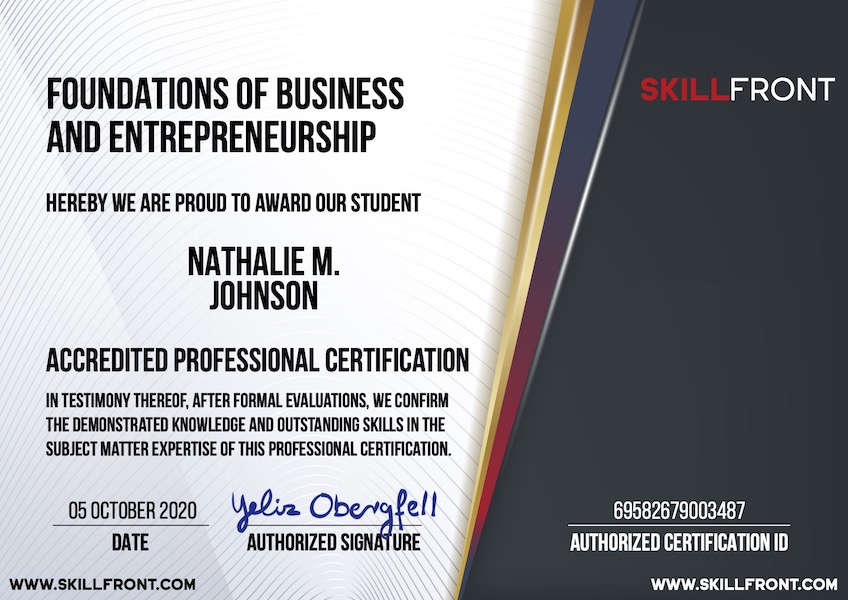 SkillFront Entrepreneur Program™: Foundations Of Business And Entrepreneurship™ Certification SkillFront Entrepreneur Program™: Foundations Of Business And Entrepreneurship™ Certification