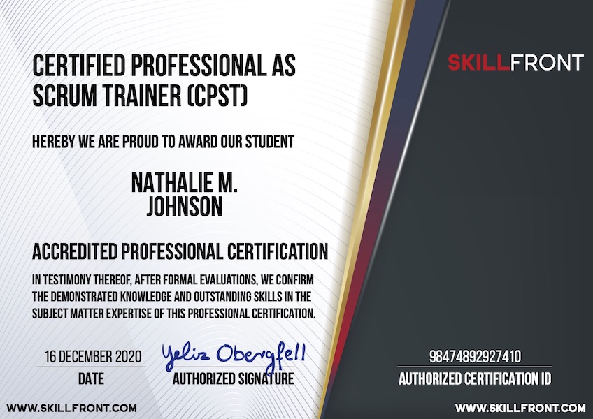 SkillFront Certified Professional As Scrum Trainer™ (CPST™) Certification Document