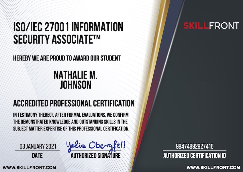 SkillFront ISO/IEC 27001 Information Security Associate™ Certification Document