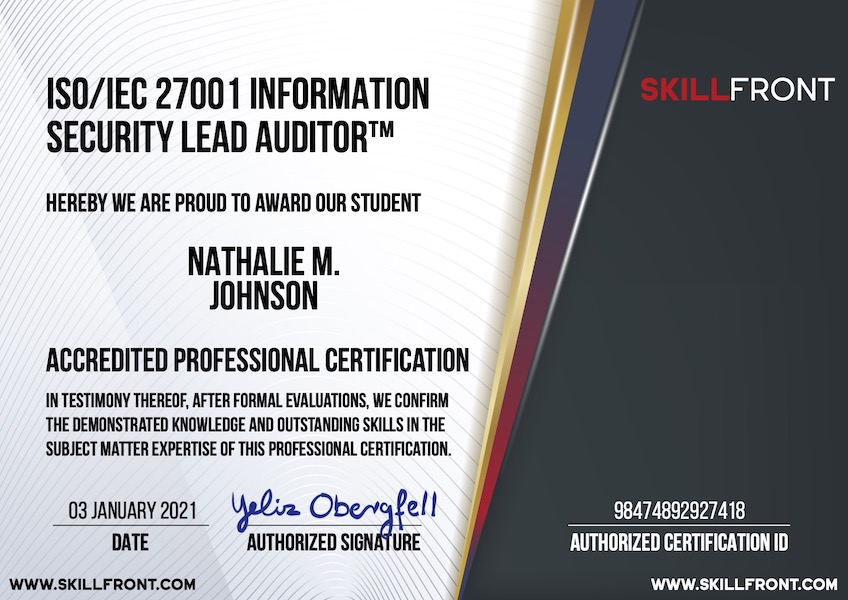 SkillFront ISO/IEC 27001 Information Security Lead Auditor™ Certification Document