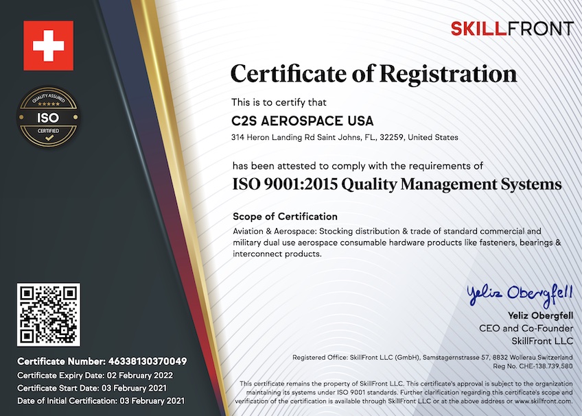 SkillFront ISO 9001:2015 Quality Management Systems Certified Business™ Certification Document