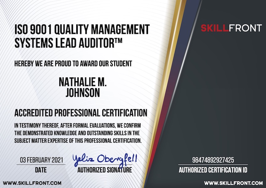 SkillFront ISO 9001 Quality Management Systems Lead Auditor™ Certification Document