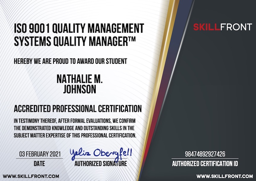 SkillFront ISO 9001 Quality Management Systems Quality Manager™ Certification Document