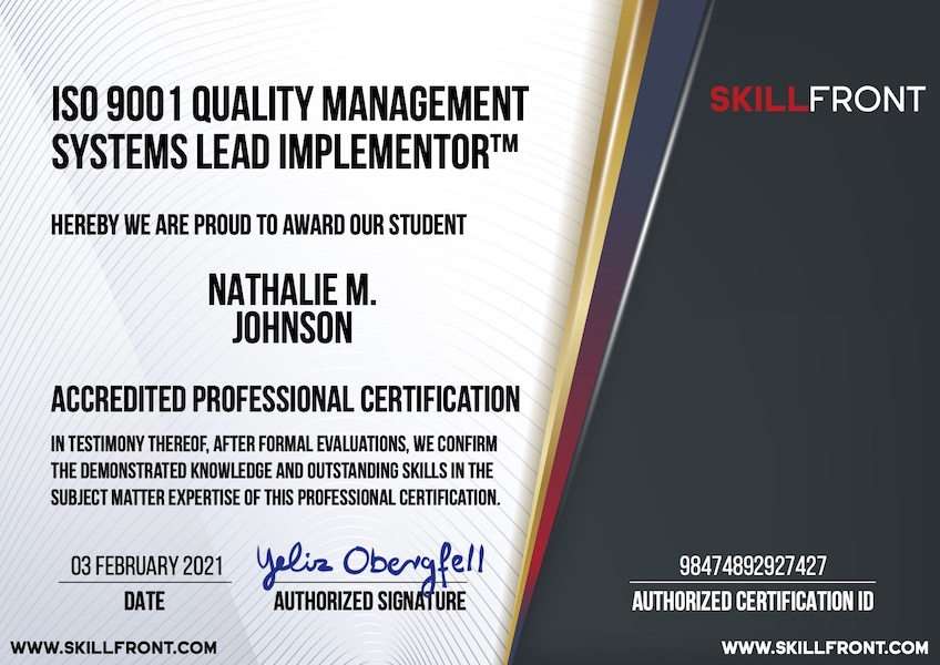 SkillFront ISO 9001 Quality Management Systems Lead Implementor™ Certification Document