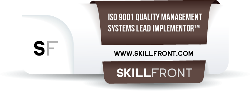 SkillFront ISO 9001 Quality Management Systems Lead Implementor™ Certification Shareable and Verifiable Digital Badge