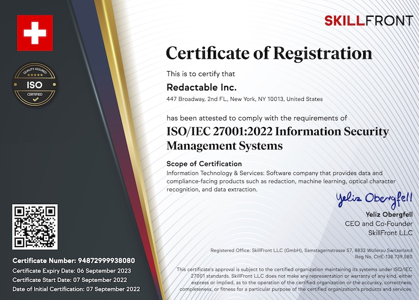 SkillFront ISO/IEC 27001:2022 Information Security Management Systems Certified Business™ Certification Document