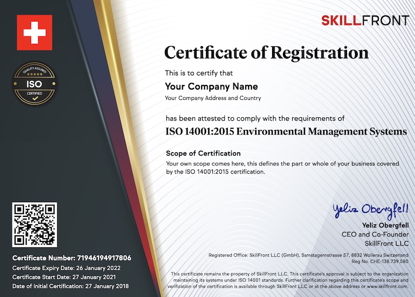 SkillFront ISO 14001:2015 Environmental Management Systems Certified Business™ Certification Document