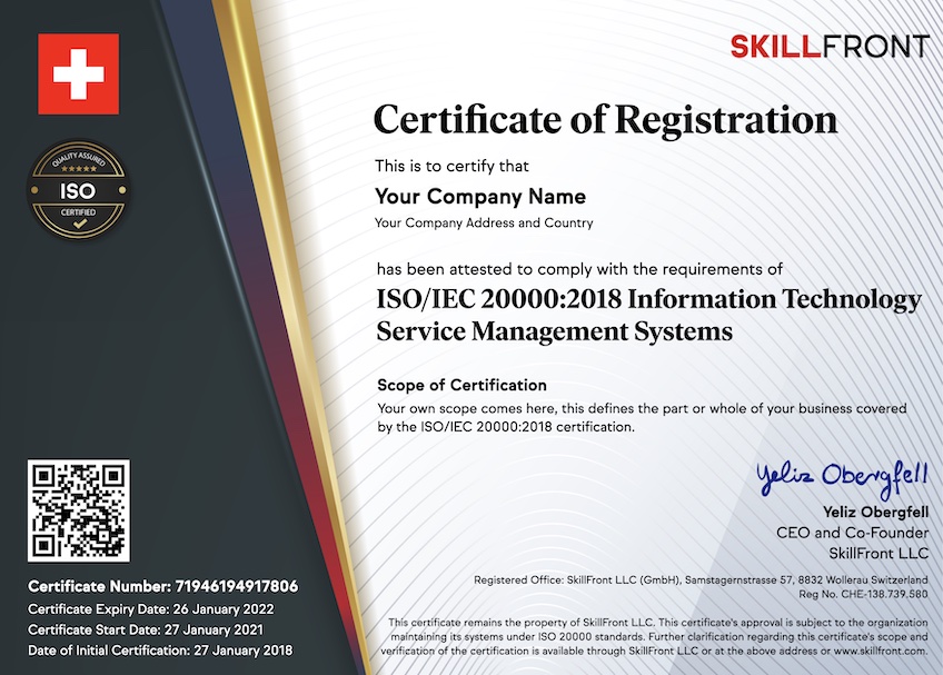 SkillFront ISO/IEC 20000:2018 Information Technology Service Management Systems Certified Business™ Certification Document