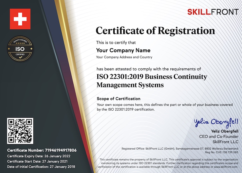 SkillFront ISO 22301:2019 Business Continuity Management Systems Certified Business™ Certification Document