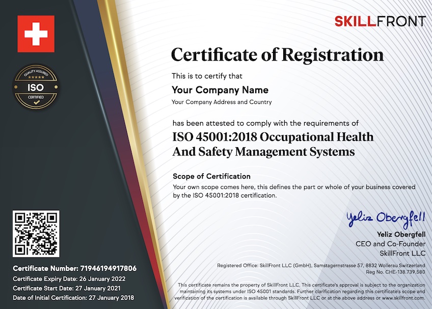 SkillFront ISO 45001:2018 Occupational Health And Safety Management Systems Certified Business™ Certification Document