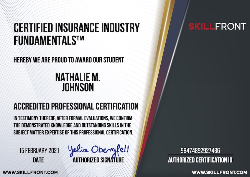 SkillFront Certified Insurance Industry Fundamentals™ (CIIF™) Certification Document