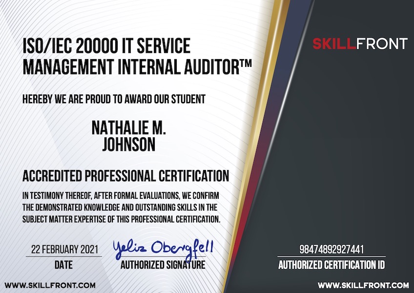 SkillFront ISO/IEC 20000 IT Service Management Internal Auditor™ Certification Document