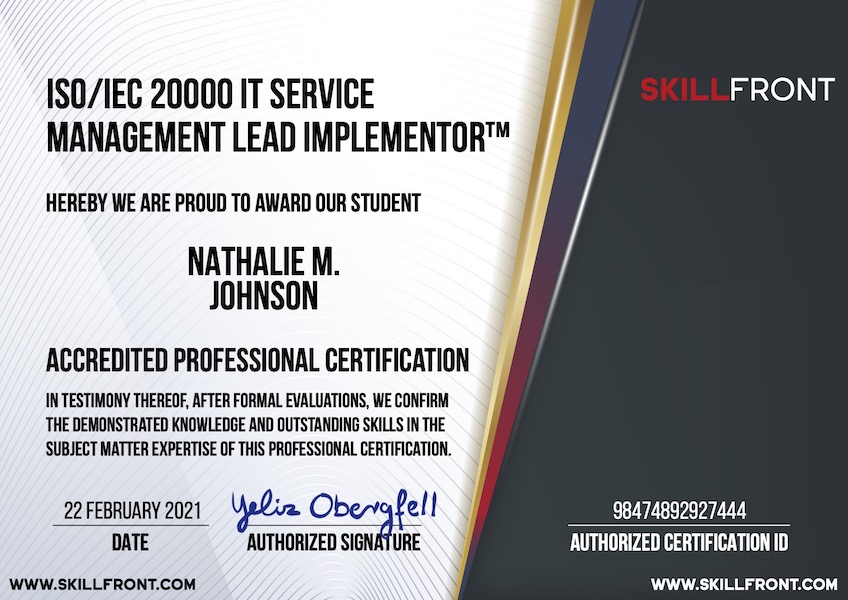 SkillFront ISO/IEC 20000 IT Service Management Lead Implementor™ Certification Document