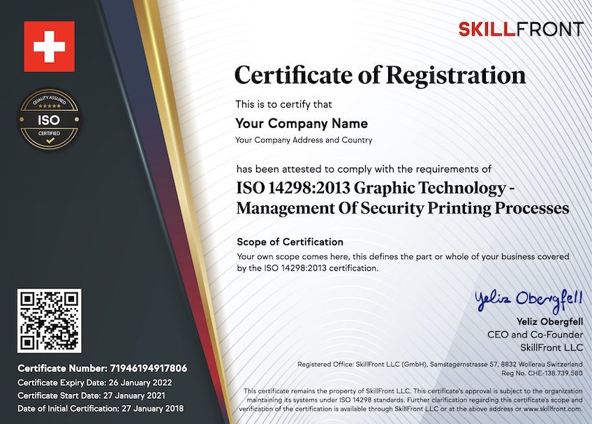 SkillFront ISO 14298:2013 Graphic Technology - Management Of Security Printing Processes Certified Business™ Certification Document