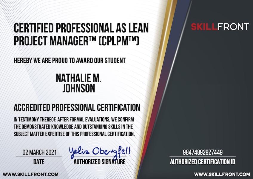 SkillFront Certified Professional As Lean Project Manager™ (CPLPM™) Certification Document