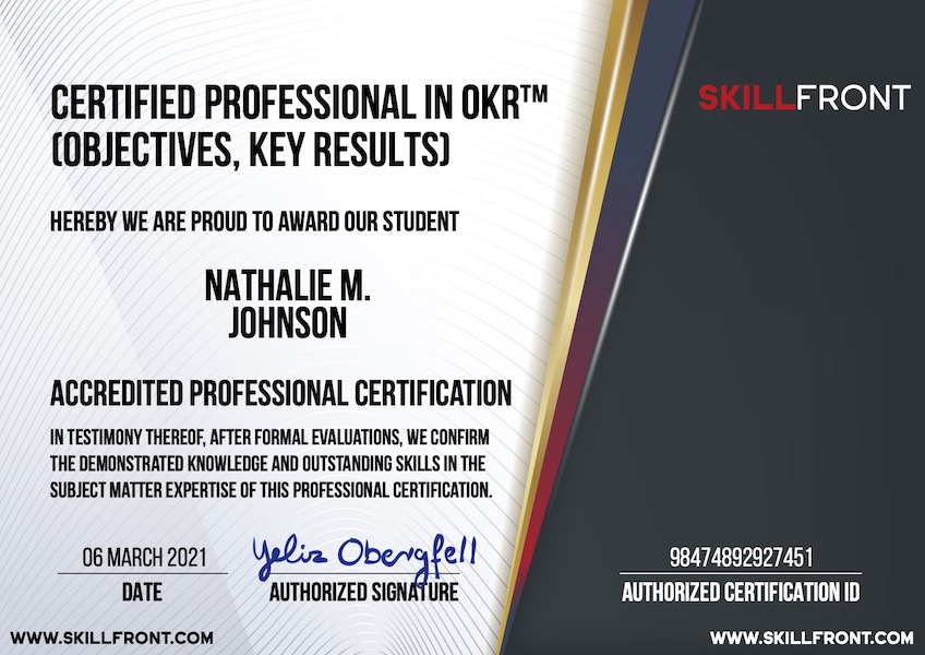 SkillFront Certified Professional In OKR™ (Objectives & Key Results) (CPOKR™) Certification Document