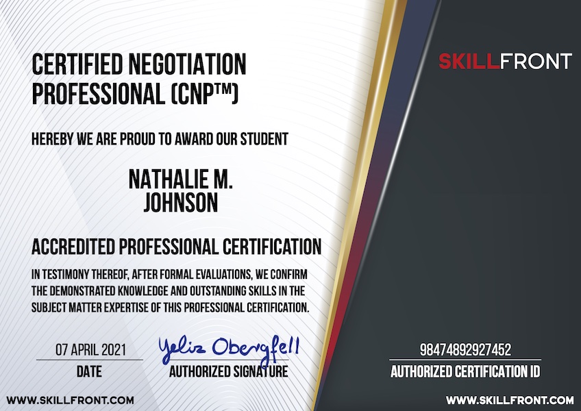 SkillFront Certified Negotiation Professional (CNP™) Certification Document