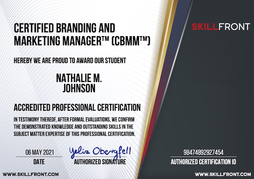 SkillFront Certified Branding And Marketing Manager™ (CBMM™) Certification Document