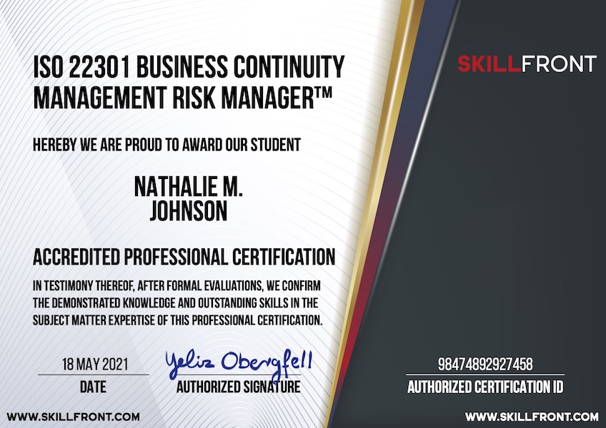 SkillFront ISO 22301 Business Continuity Management Systems Risk Manager™ Certification Document