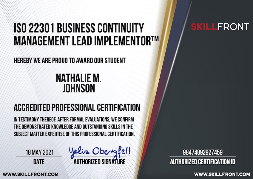 SkillFront ISO 22301 Business Continuity Management Systems Lead Implementor™ Certification Document