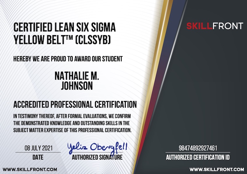 SkillFront Certified Lean Six Sigma Yellow Belt™ (CLSSYB™) Certification Document