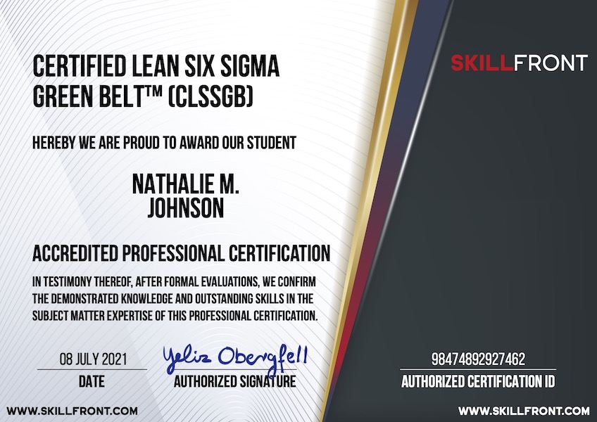 SkillFront Certified Lean Six Sigma Green Belt™ (CLSSGB™) Certification Document