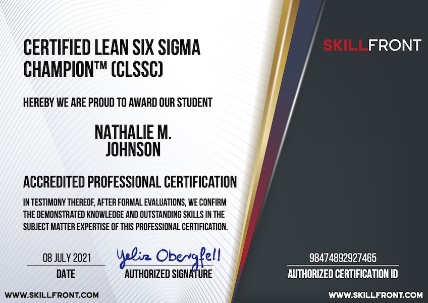 SkillFront Certified Lean Six Sigma Champion™ (CLSSC™) Certification Document