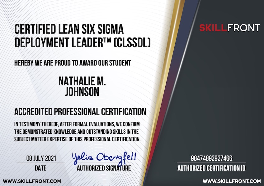 SkillFront Certified Lean Six Sigma Deployment Leader™ (CLSSDL™) Certification Document