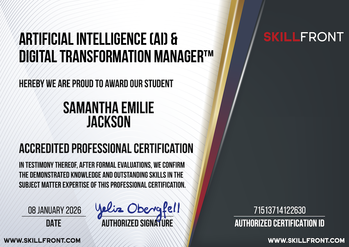 SkillFront Certified Artificial Intelligence (AI) & Digital Transformation Manager™ Certification Document