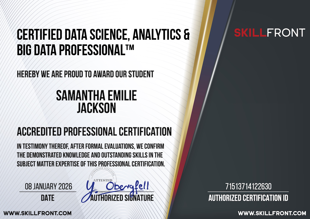 SkillFront Certified Data Science, Data Analytics & Big Data Professional™ Certification Document