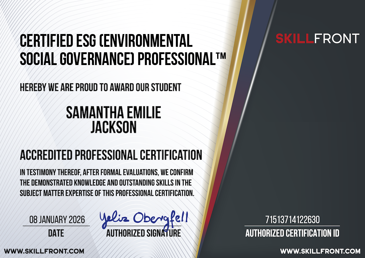 SkillFront Certified ESG (Environmental Social Governance) Professional™ Certification Document