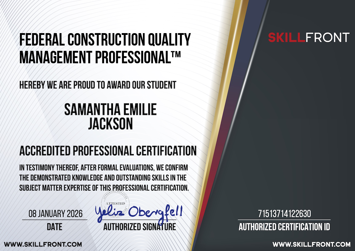 SkillFront Certified Federal Construction Quality Management Professional™ (CFC-QMP™) Certification Document
