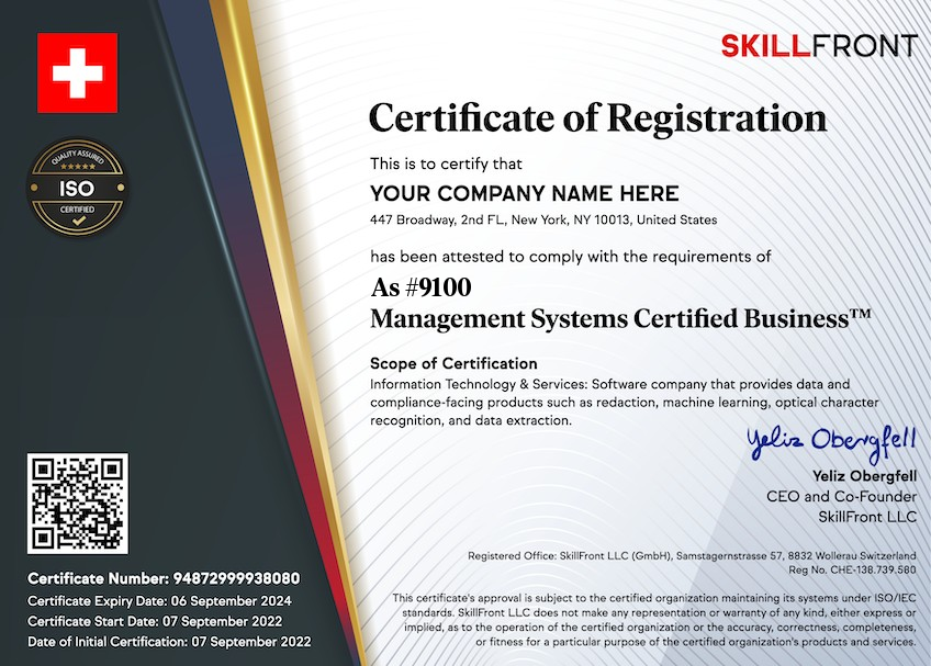 SkillFront As #9100 Quality Management Systems Certified Business™ Certification Document