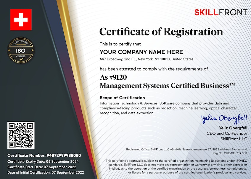 SkillFront As #9120 Quality Management Systems Certified Business™ Certification Document
