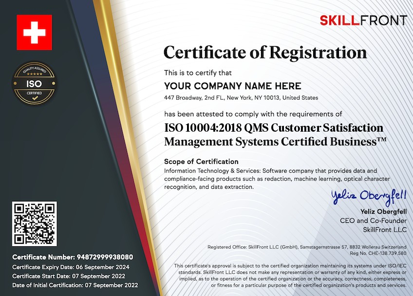 SkillFront ISO 10004:2018 Quality Management Systems (Customer Satisfaction) Certified Business™ Certification Document