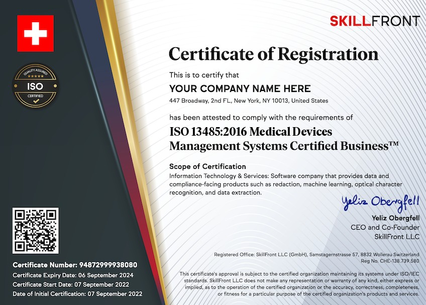SkillFront ISO 13485:2016 Medical Devices Quality Management Systems Certified Business™ Certification Document