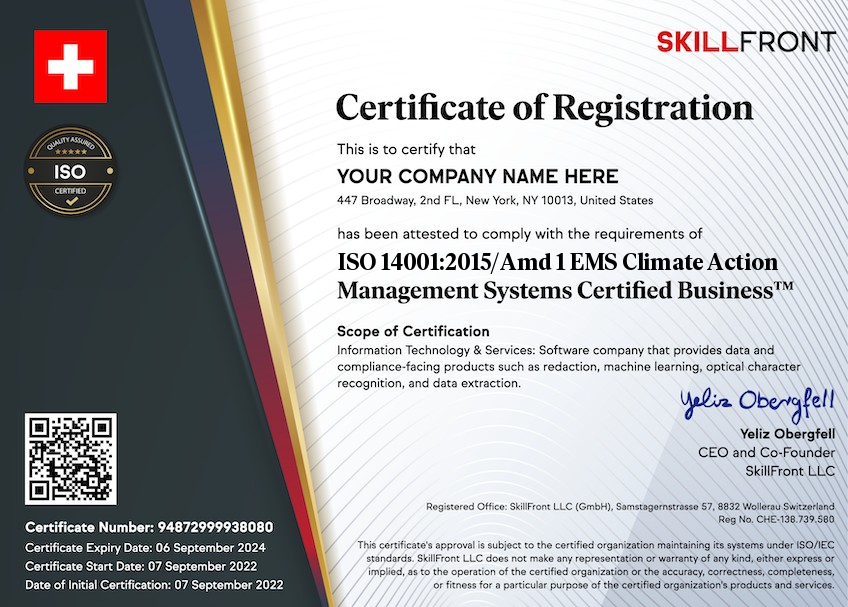 SkillFront ISO 14001:2015/Amd 1 Environmental Management Systems (Climate Action) Certified Business™ Certification Document