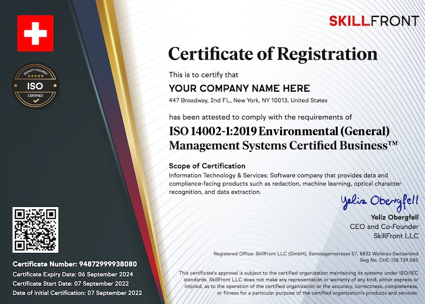 SkillFront ISO 14002-1:2019 Environmental Management Systems (Part 1: General) Certified Business™ Certification Document