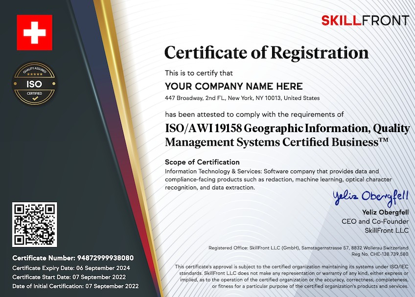 SkillFront ISO/AWI 19158 Geographic Information, Quality Assurance of Data Supply Management Systems Certified Business™ Certification Document
