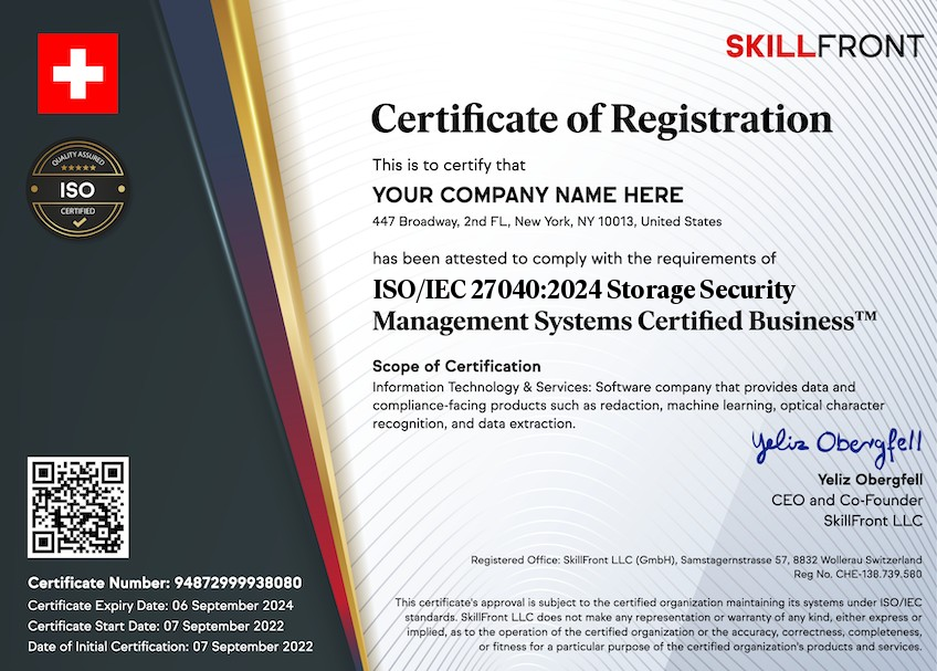 SkillFront ISO/IEC 27040:2024 IT Security Techniques Storage Security Management Systems Certified Business™ Certification Document