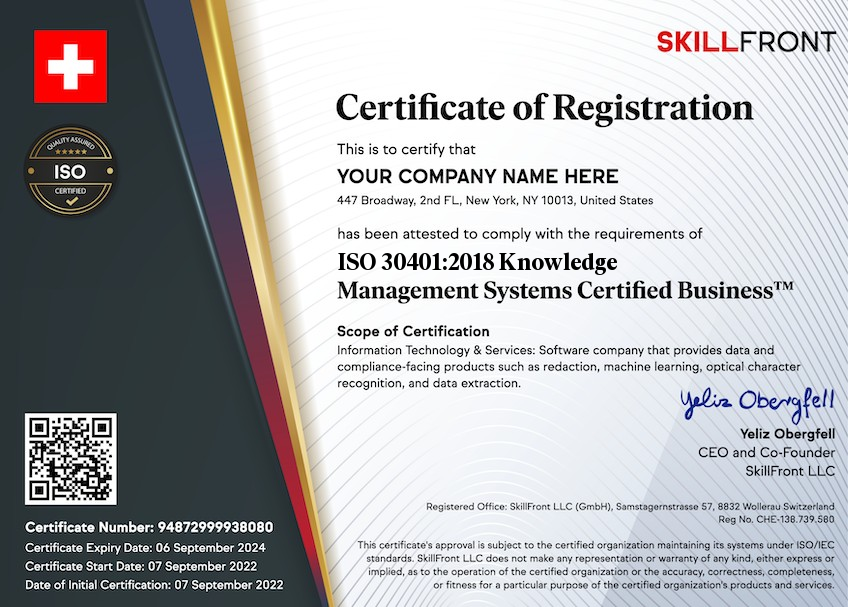 SkillFront ISO 30401:2018 Knowledge Management Systems Certified Business™ Certification Document
