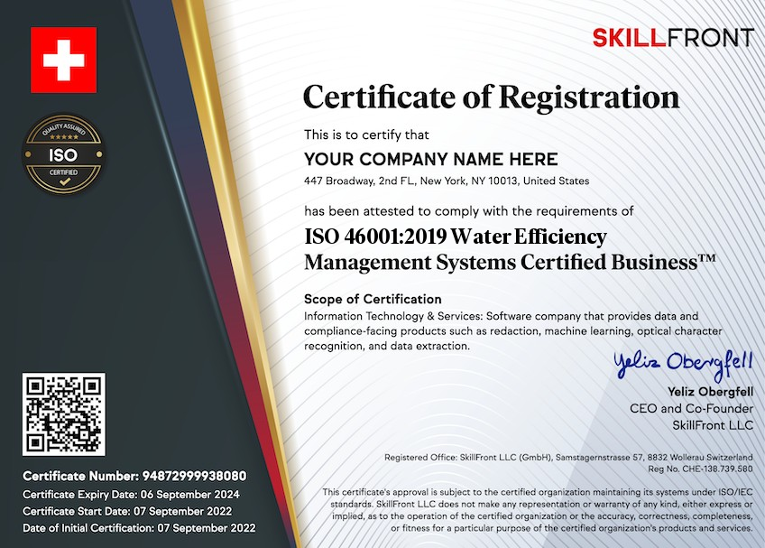 SkillFront ISO 46001:2019 Water Efficiency Management Systems Certified Business™ Certification Document