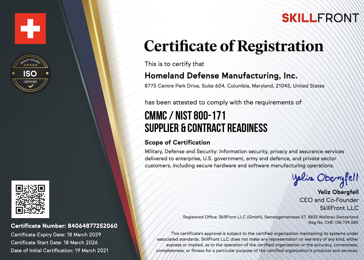 SkillFront CMMC / NIST 800-171 Supplier & Contract Readiness™ Certification Document
