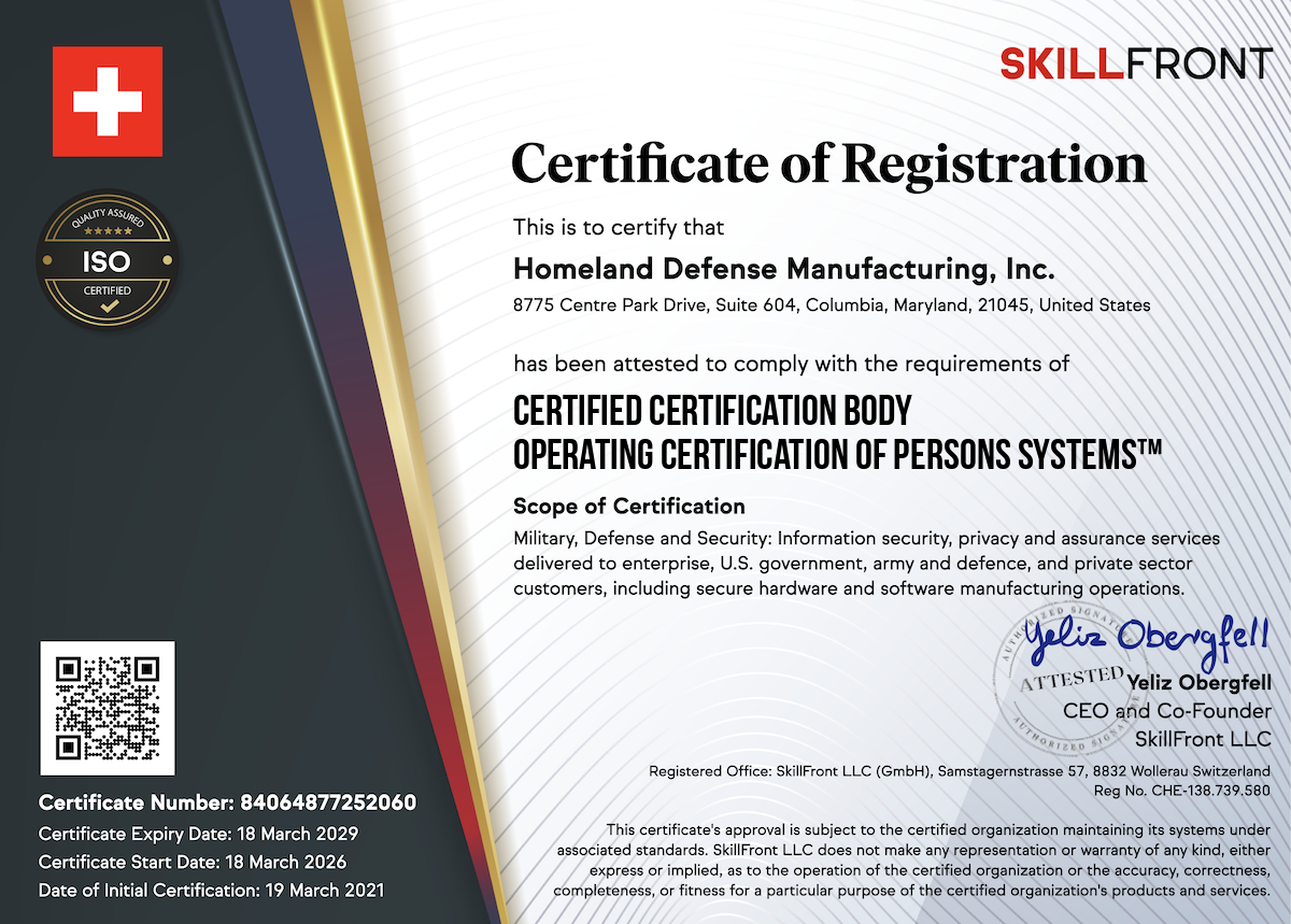 SkillFront Certified Body Operating Certification of Persons Business Systems™ Certification Document