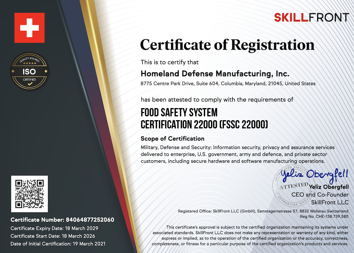 SkillFront Food Safety System Certification 22000 (FSSC 22000) Certification Document