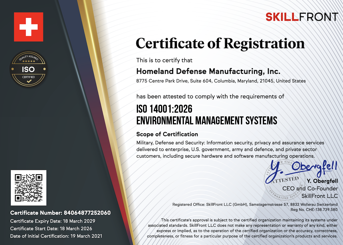 SkillFront ISO 14001:2026 Environmental Management Systems Certified Business™ Certification Document