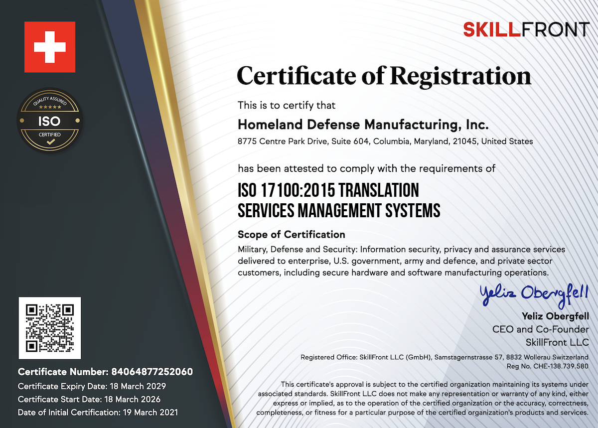 SkillFront ISO 17100:2015 Translation Services Management Systems Certified Business™ Certification Document