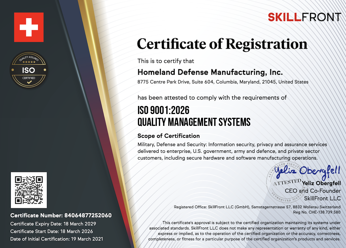 SkillFront ISO 9001:2026 Quality Management Systems Certified Business™ Certification Document