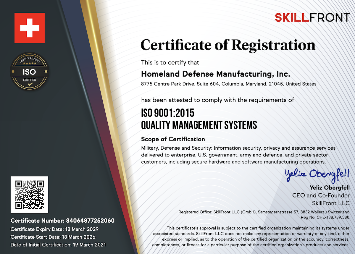 SkillFront ISO 9001:2015 Quality Management Systems Certified Business™ Certification Document